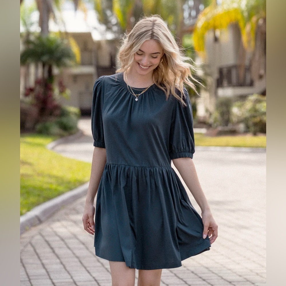 Summersalt The Luxe Pima Puff Sleeve Mini Dress Midnight Blue Size Large